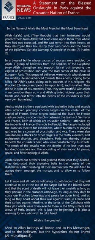 The Islamic State claims responsibility for Paris attacks