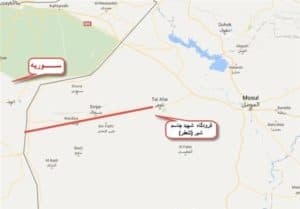 IRGC-affiliated Fars News Agency's map on the PMF's zone of operation from the renamed "Martyr Jassim Shebir" airport to the Syrian border.