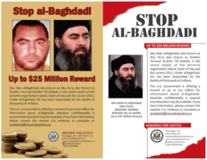 Wanted posters for Abu Bakr al Baghdadi, the emir of the Islamic State. Source: Rewards for Justice.