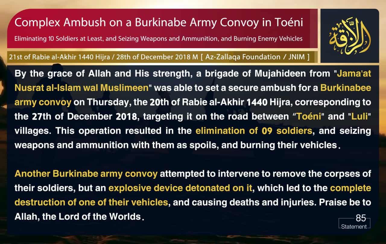 JNIM claims ambush in Burkina Faso