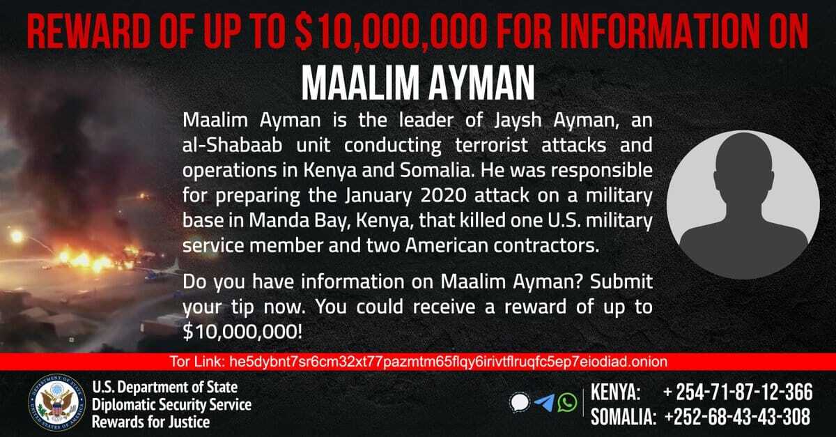 U.S. offers $10 million bounty for top Shabaab military commander