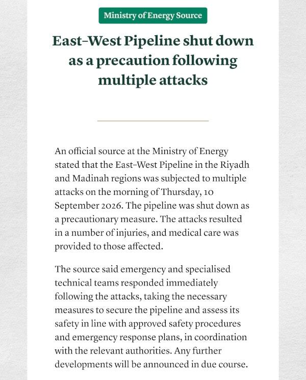 Saudi Arabia closes its East-West pipeline after attacks from Iraq