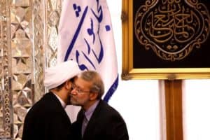 Iran's parliament speaker meeting with Akram al Kabi on Aug. 27 in Tehran.