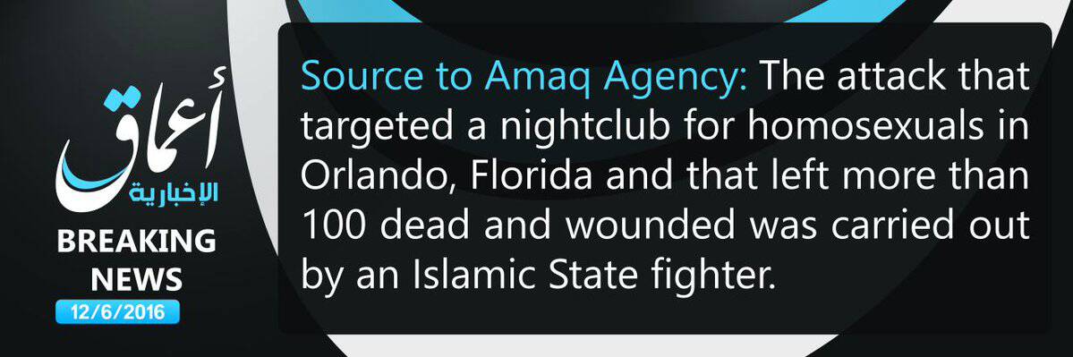 Islamic State news agency says Orlando massacre the work of its ‘fighter’