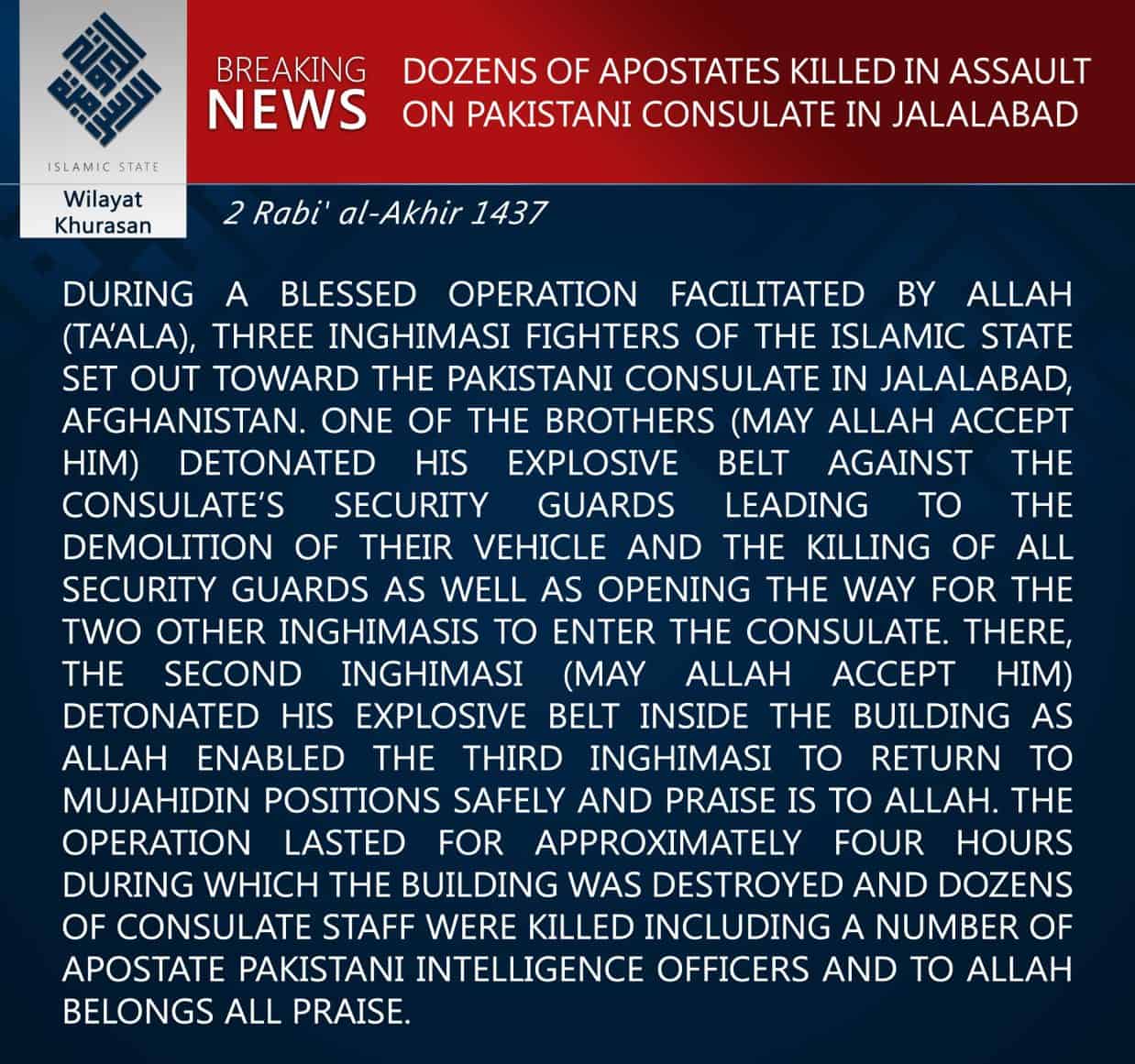 Islamic State ‘province’ claims attack on Pakistani consulate in Jalalabad