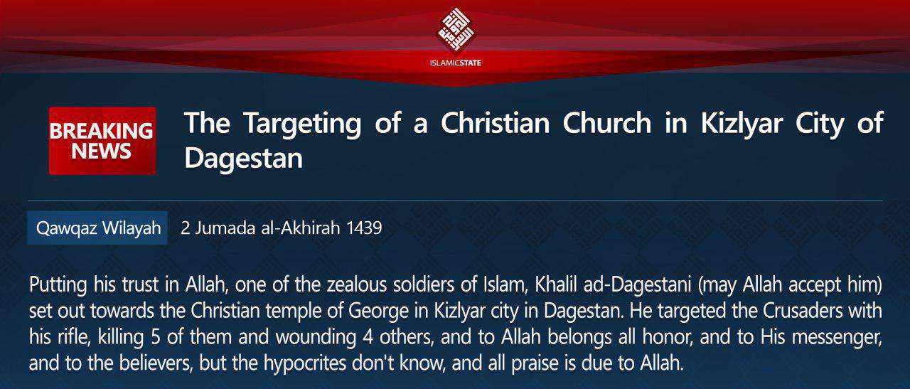 Islamic State claims church shooting in Dagestan